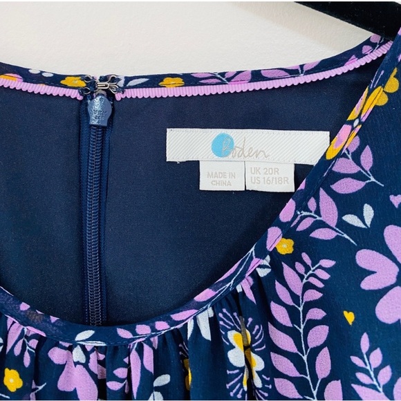 Boden Blossom Dress. Purple Navy Floral Sheer Long Sleeves. Size 16/18R. - Picture 6 of 12